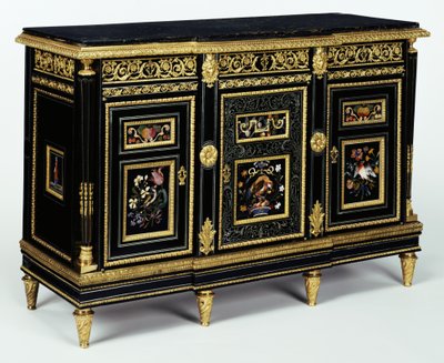 One of a pair of cabinets mounted with late 17th century pietra dura plaques by Adam Weisweiler